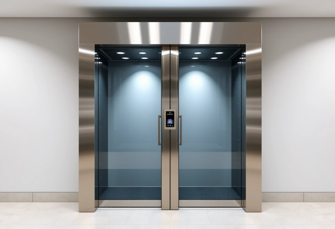 High-tech man trap system with dual doors and biometric scanners in a modern data center